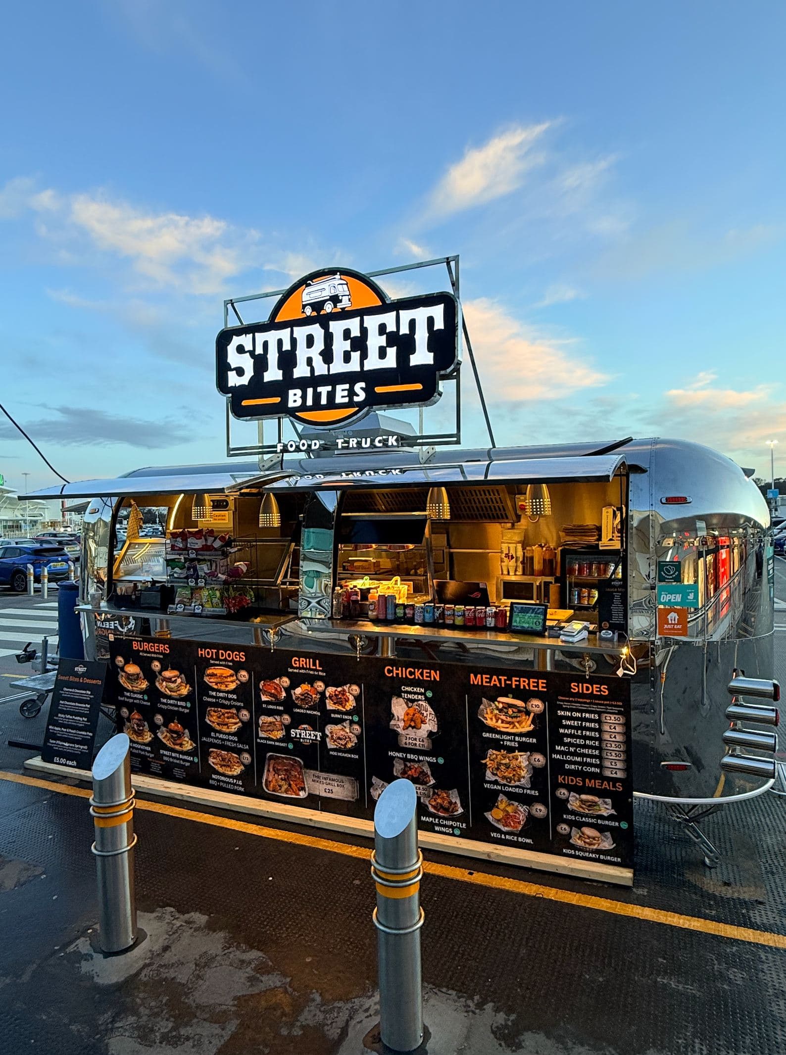 The Street Bites chrome Airstream food truck parked at Castlepoint